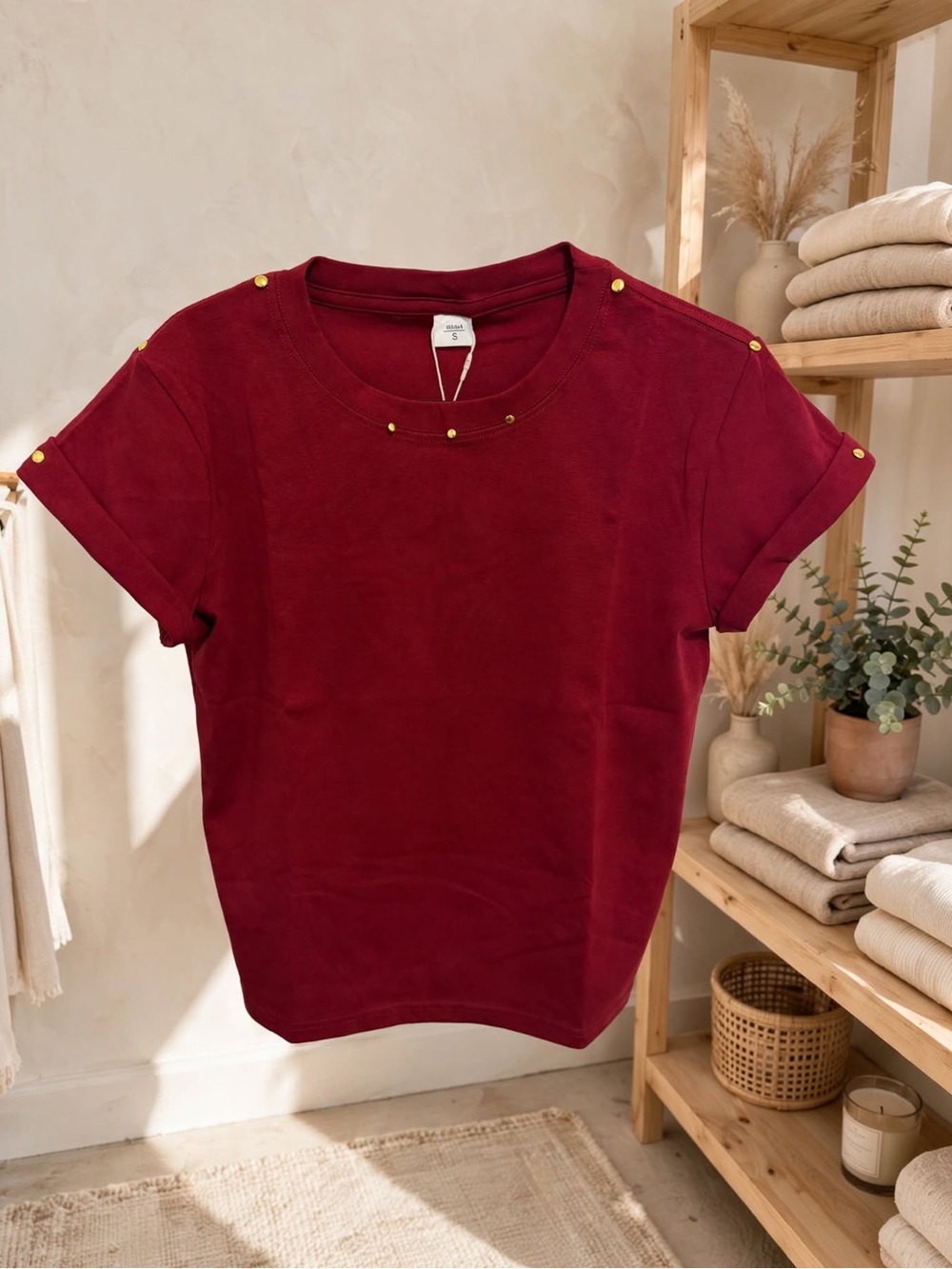 Women's Burgundy Short Sleeve Tee with Gold Stud Details